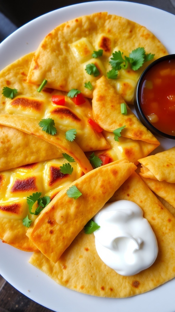 Baked Tortillas with Cheese and Vegetables Baked tortillas filled with cheese and vegetables, served with salsa and sour cream.